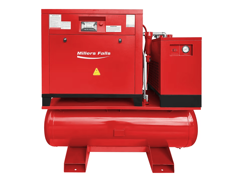 Rotary screw air compressor package with 450L tank front angled view