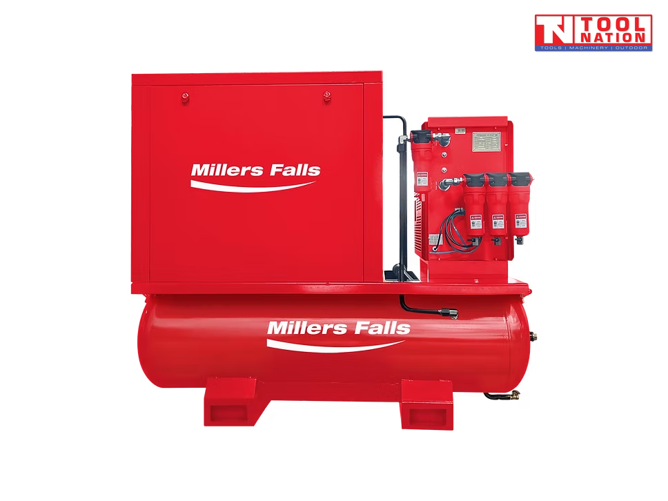 Red air compressor package with tank, cabinet, control panel, pressure gauge, and filters.
