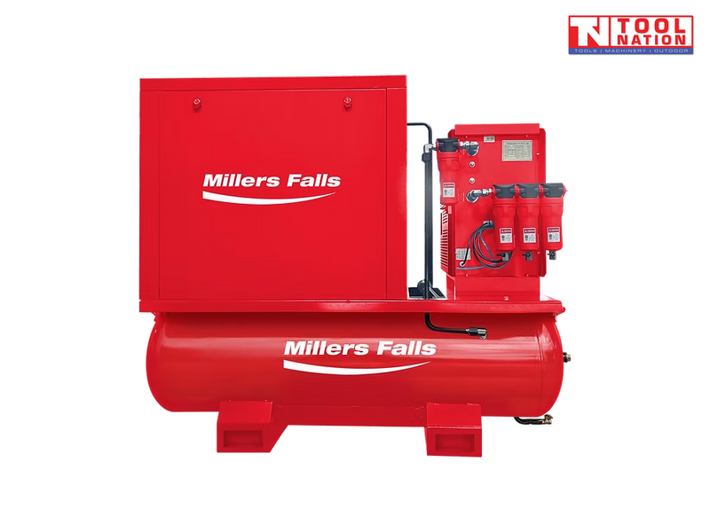 Red air compressor package with tank, cabinet, control panel, pressure gauge, and filters.