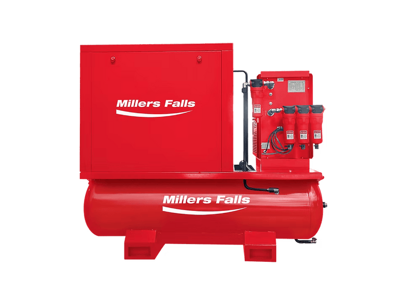 Rotary screw air compressor package with 600L tank front angled view