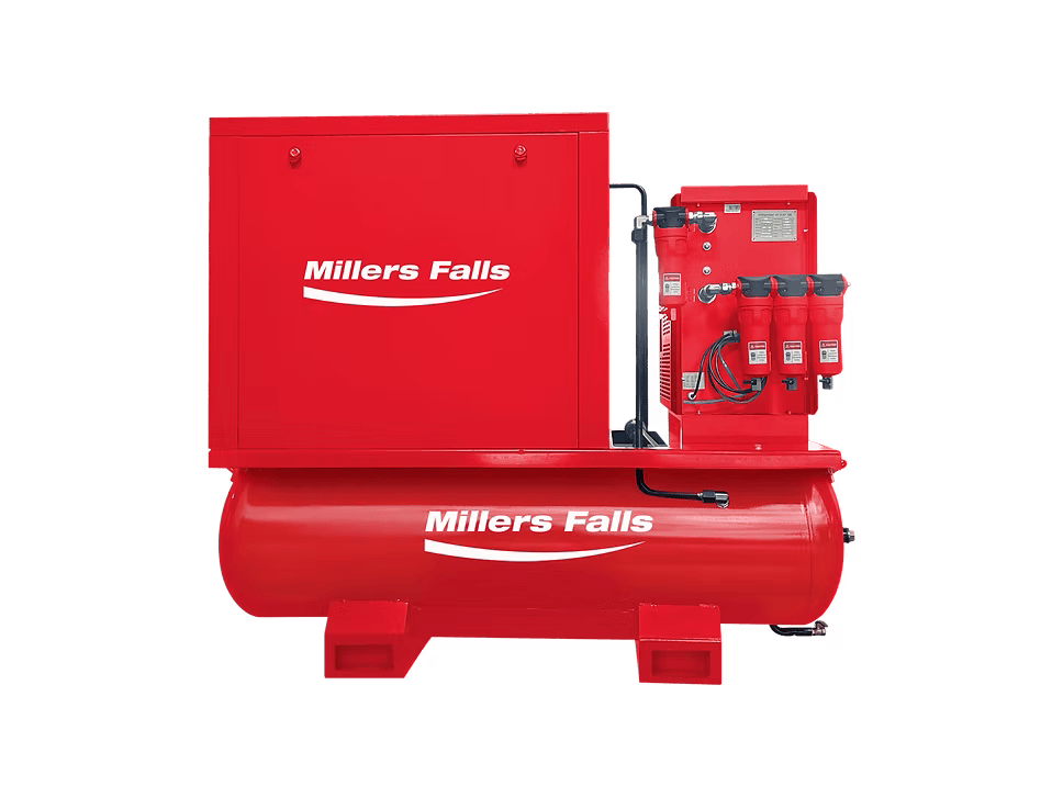Rotary screw air compressor package with 600L tank front angled view