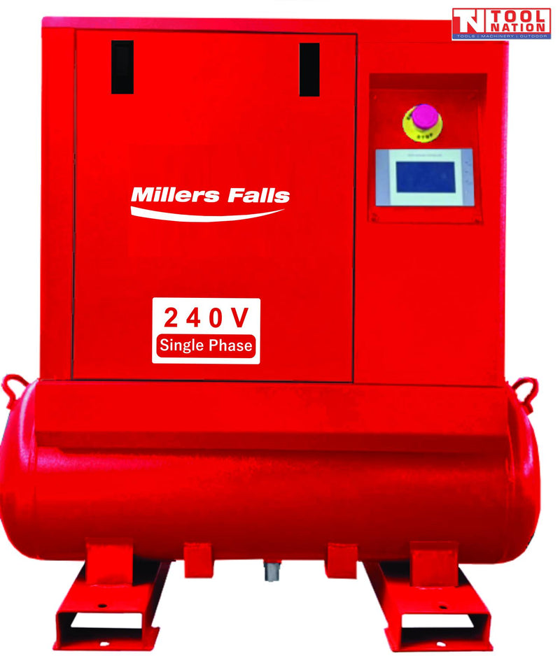 Rotary screw air compressor with 100L tank front angled view