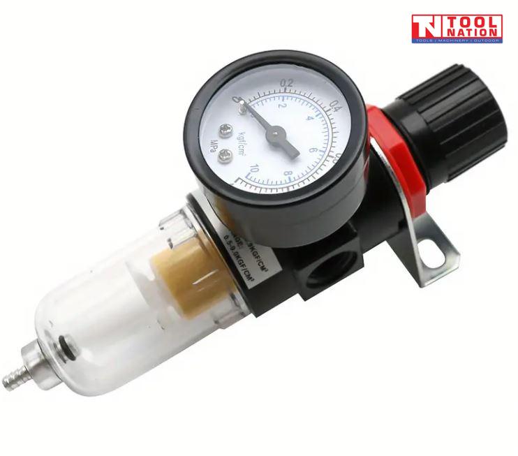 Front angled view of the AFR2000 air filter regulator showing the pressure gauge, adjustment knob, clear filter bowl and mounting bracket.