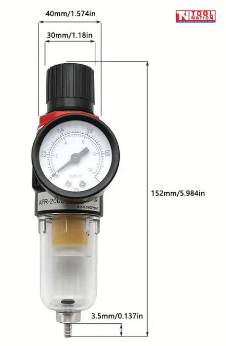 Front view of the AFR2000 air filter regulator with measurement diagram showing overall height and width.