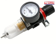 Front angled view of the AFR2000 air filter regulator showing the pressure gauge, adjustment knob, clear filter bowl and mounting bracket.