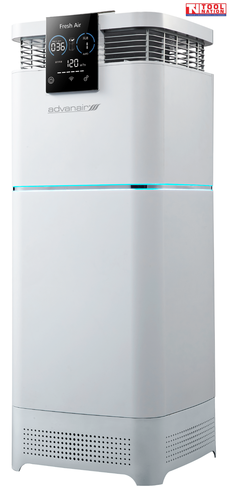 Air purifier front angled view with digital display