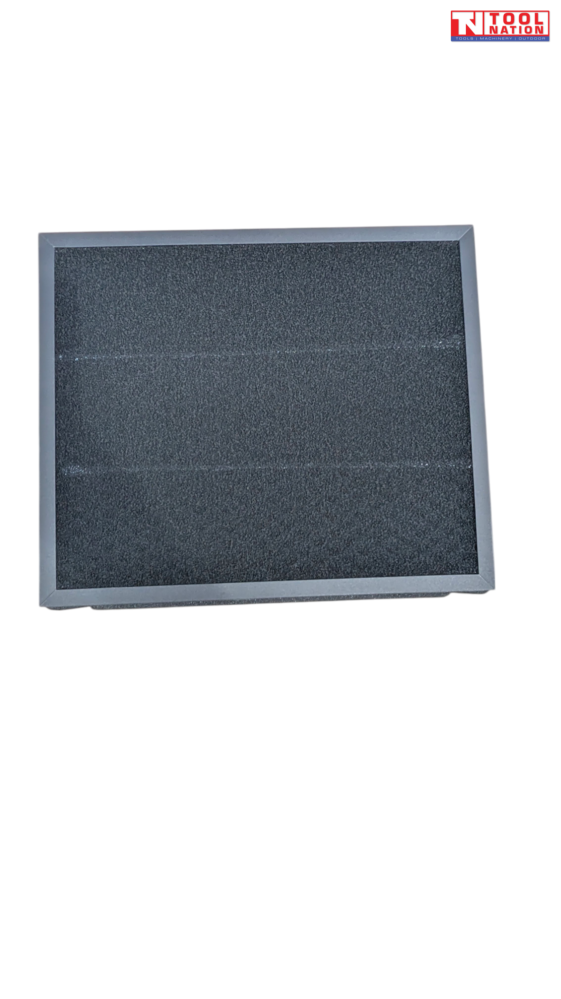 Air purifier filter front view with black foam surface and grey frame
