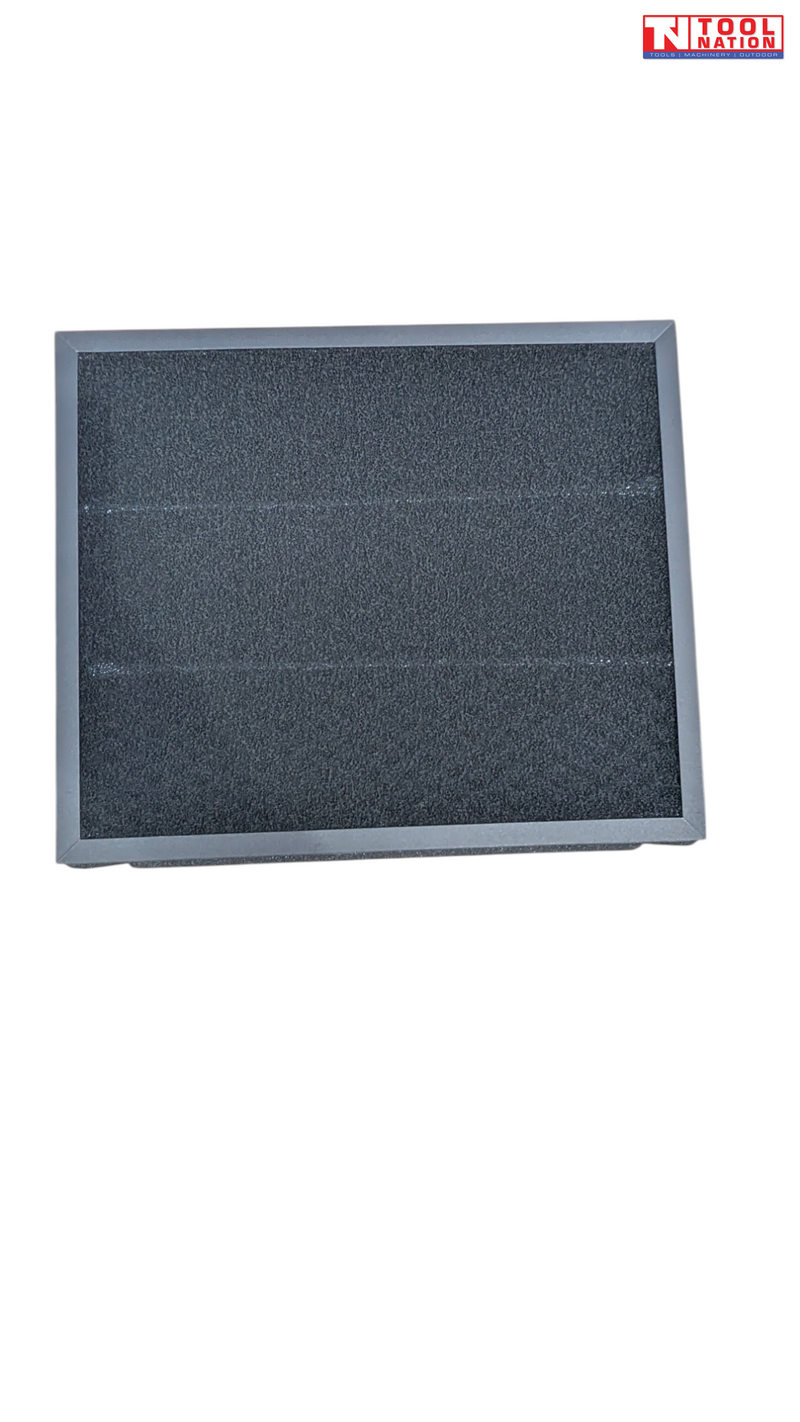 Air purifier filter front view with black foam surface and grey frame