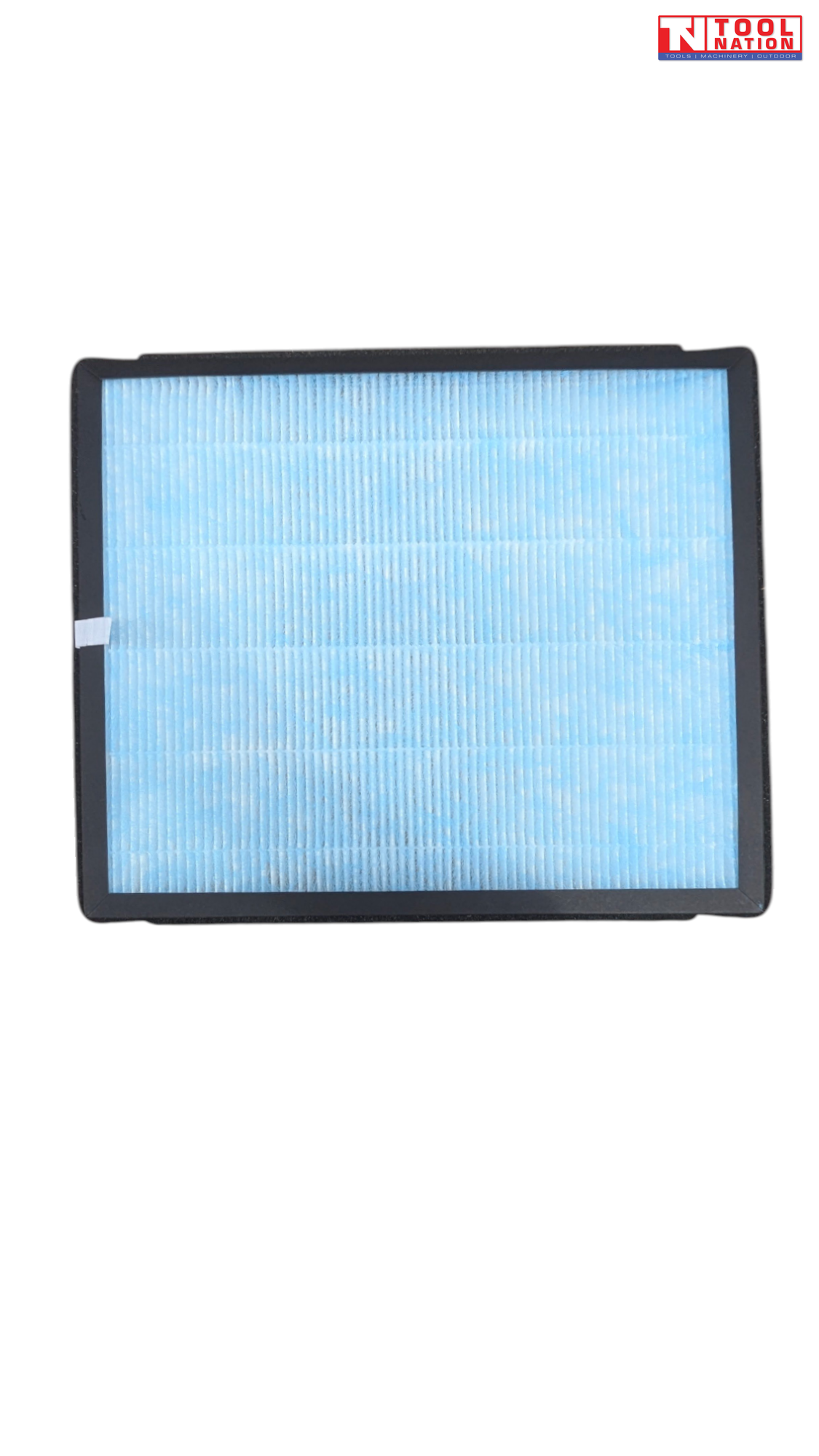 Air purifier filter front view with blue filter media and black frame