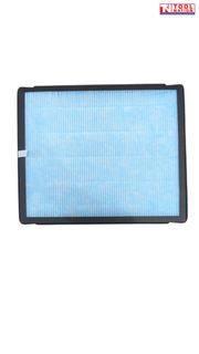 Air purifier filter front view with blue filter media and black frame