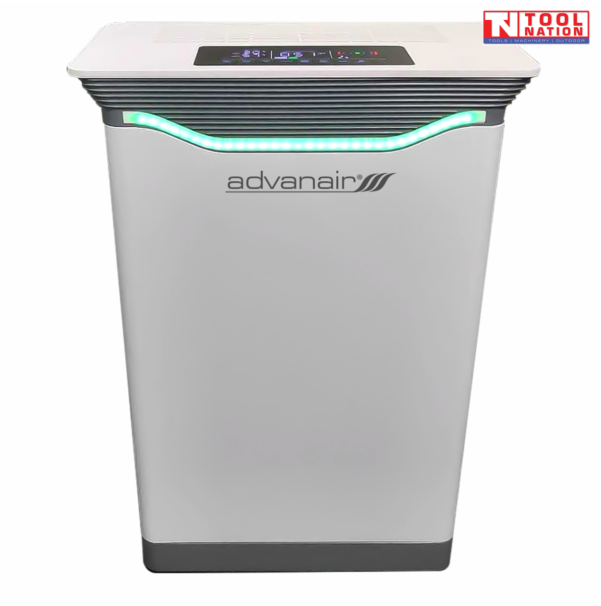 Air purifier front view with top control panel and light strip