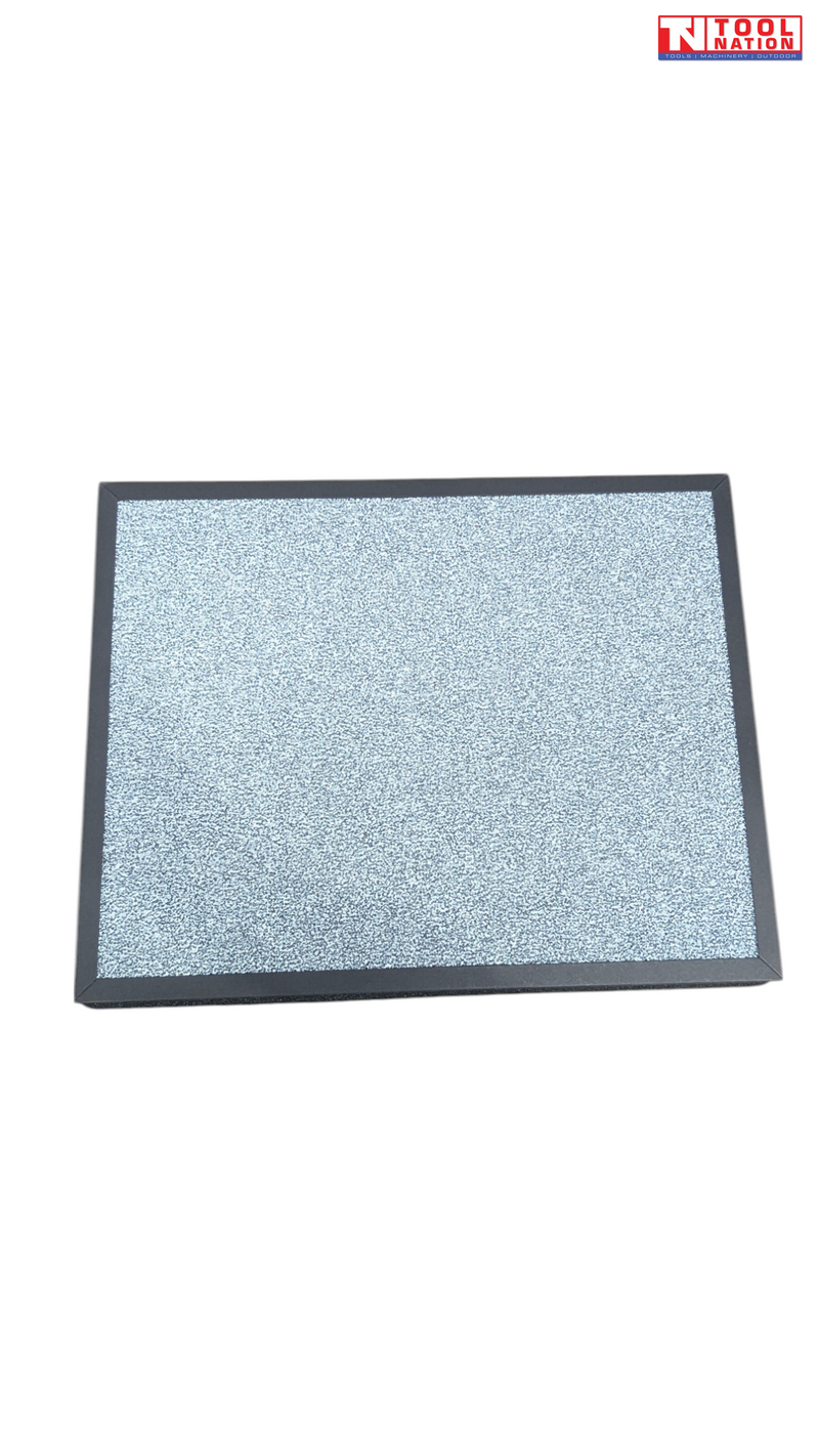 Air purifier filter front view with white textured filter surface and black frame