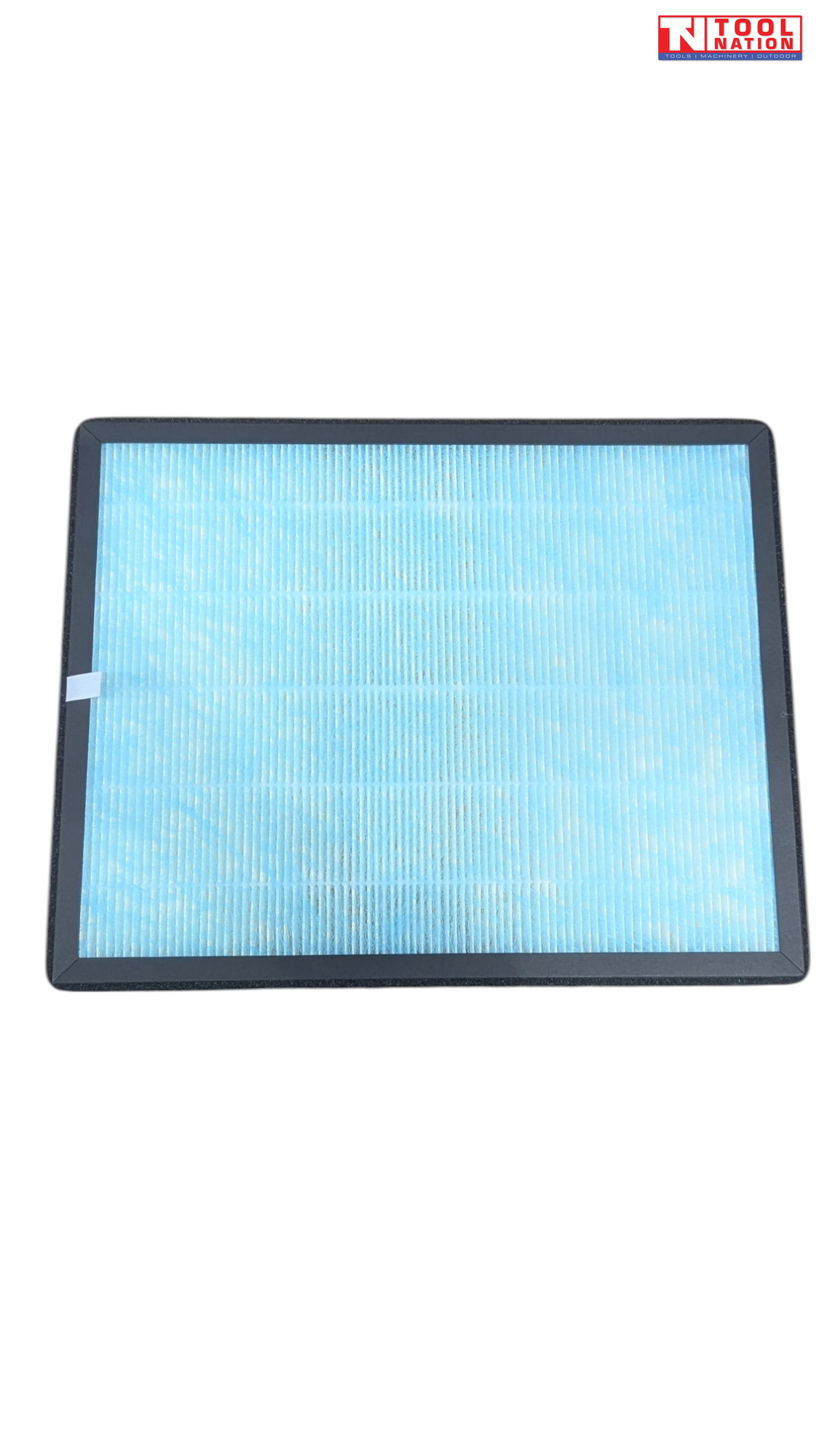 Air purifier filter front view with blue pleated filter media and black frame