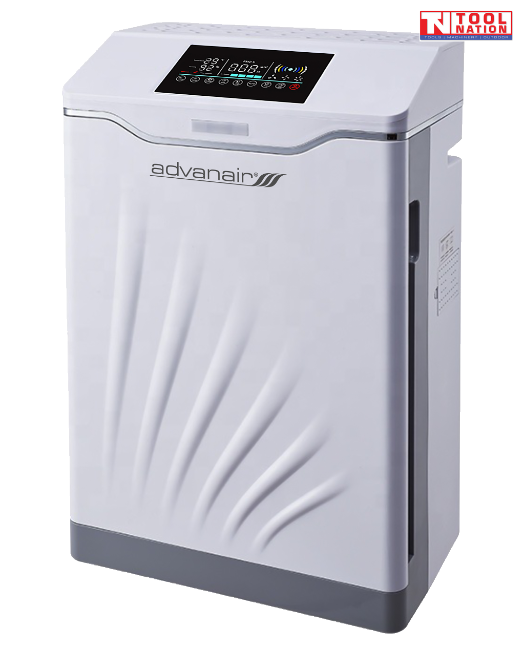 Air purifier front angled view with top control panel