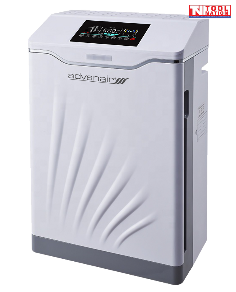 Air purifier front angled view with top control panel