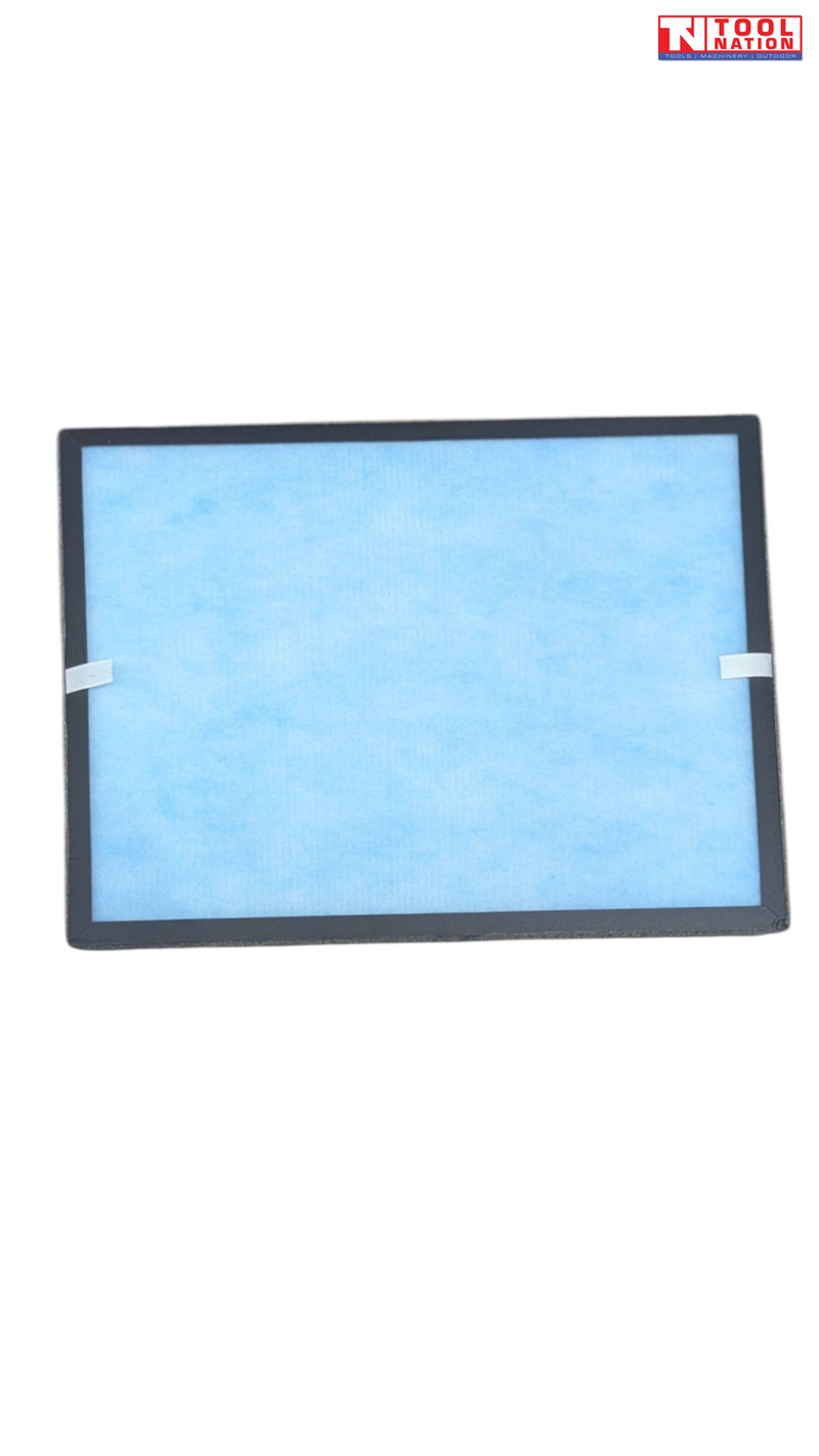 Air purifier filter front view with blue filter media and black frame