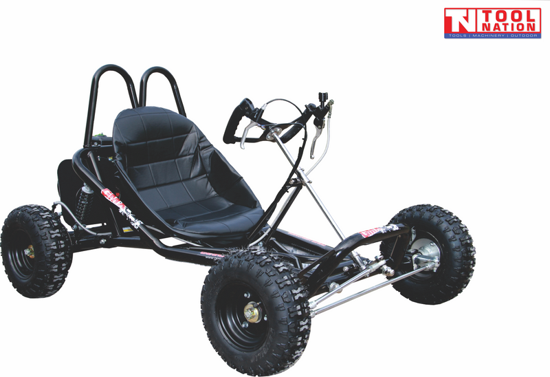 Black off-road go-kart shown from the front side with a padded seat, roll bars, steering controls and four treaded tyres.