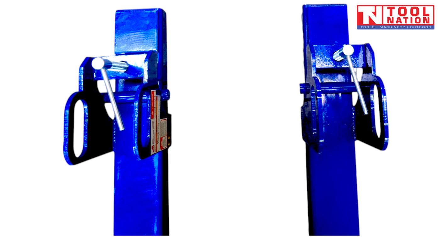 Two close-up views of blue fork attachment clamp brackets with locking pins and a visible warning label.