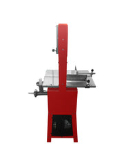 Side view of a red bandsaw with stainless work table, adjustable guides, black vent, and side grinder attachment.
