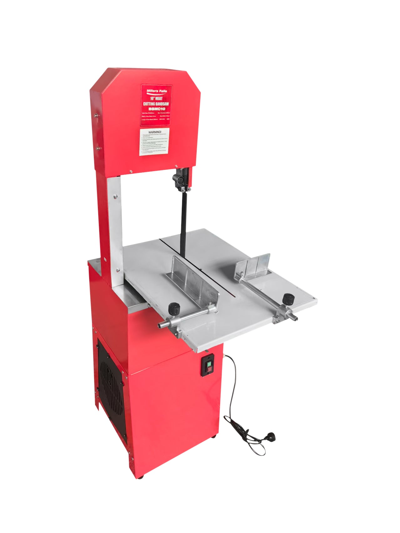 Angled view of a red bandsaw with stainless work table, vertical blade, adjustable guides, front switch, power cord, and visible warning labels.