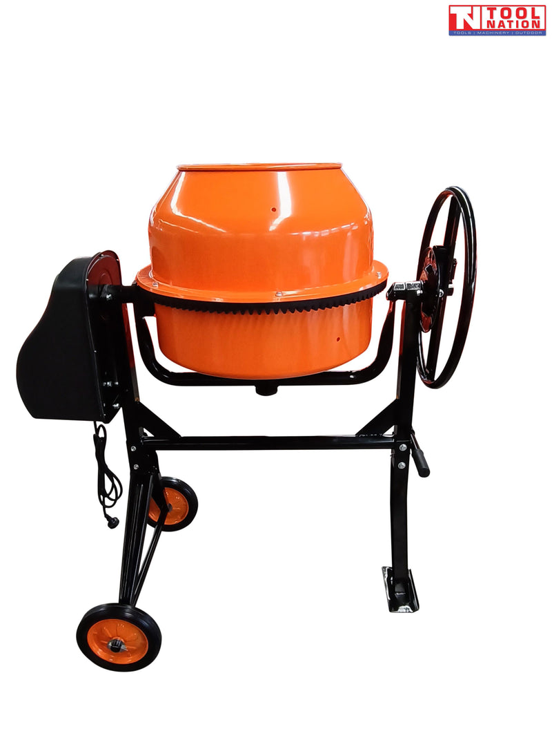 Orange cement mixer with black frame, wheels, motor housing, power cord, and hand wheel on a white background.