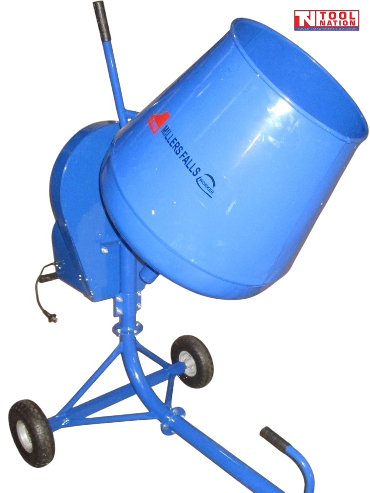 Blue cement mixer with open drum, frame, wheels, handle, power cord, visible branding, and logo in the top corner.