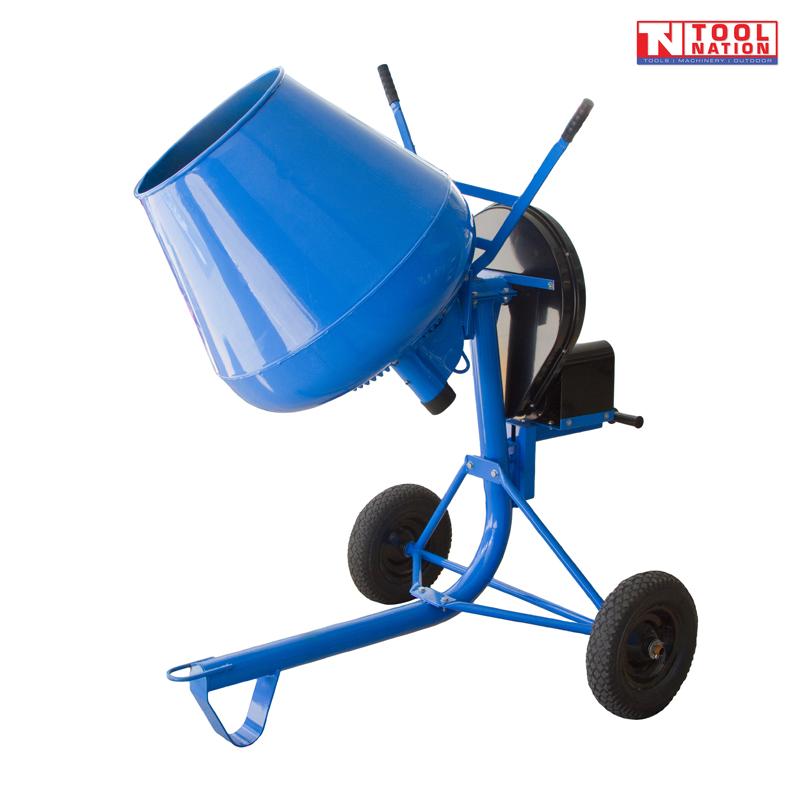 Blue cement mixer with open drum, frame, wheels, handles, black motor housing, and logo in the top corner.