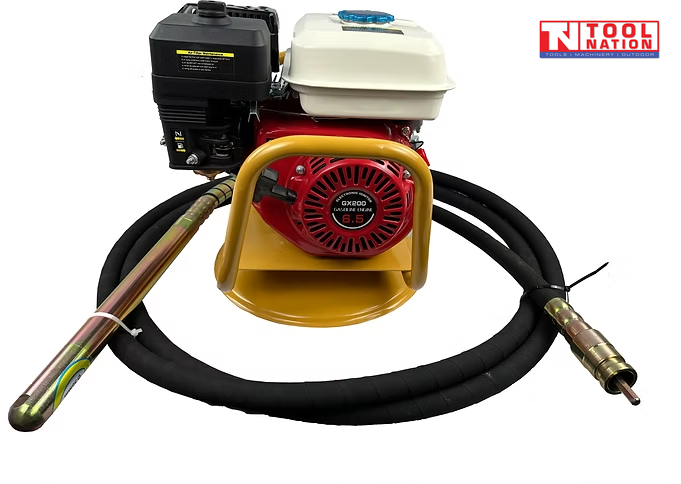 Petrol engine in a yellow cradle with coiled black hose, metal vibrator head, coupling, and logo in the top corner.