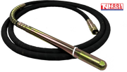 Coiled black hose with metal vibrator head, metal coupling, and logo in the top corner.