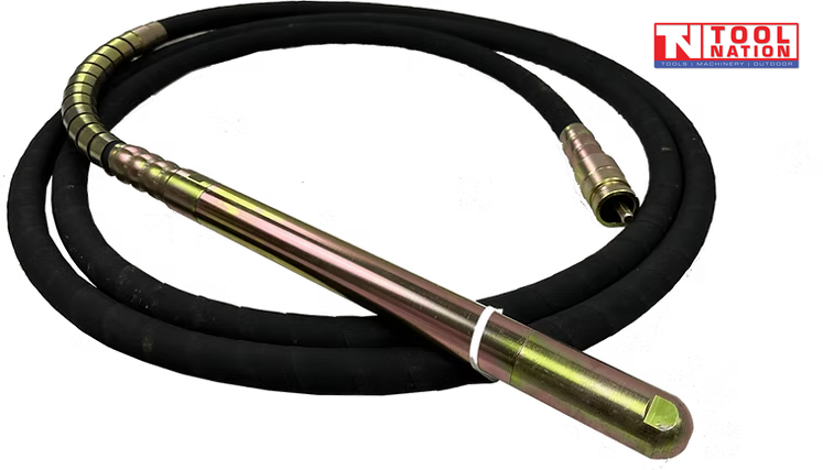 Coiled black hose with metal vibrator head, metal coupling, and logo in the top corner.