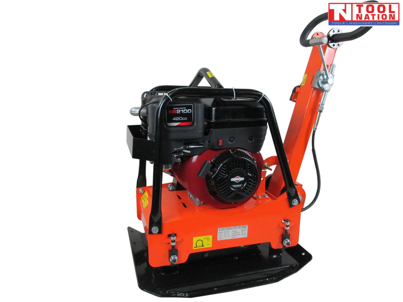 Orange plate compactor with black base plate, petrol engine, protective frame, handle, controls, and logo in the top corner.