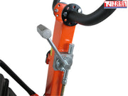 Close-up of an orange plate compactor handle showing the black loop grip, metal control lever, bolts, and cable.