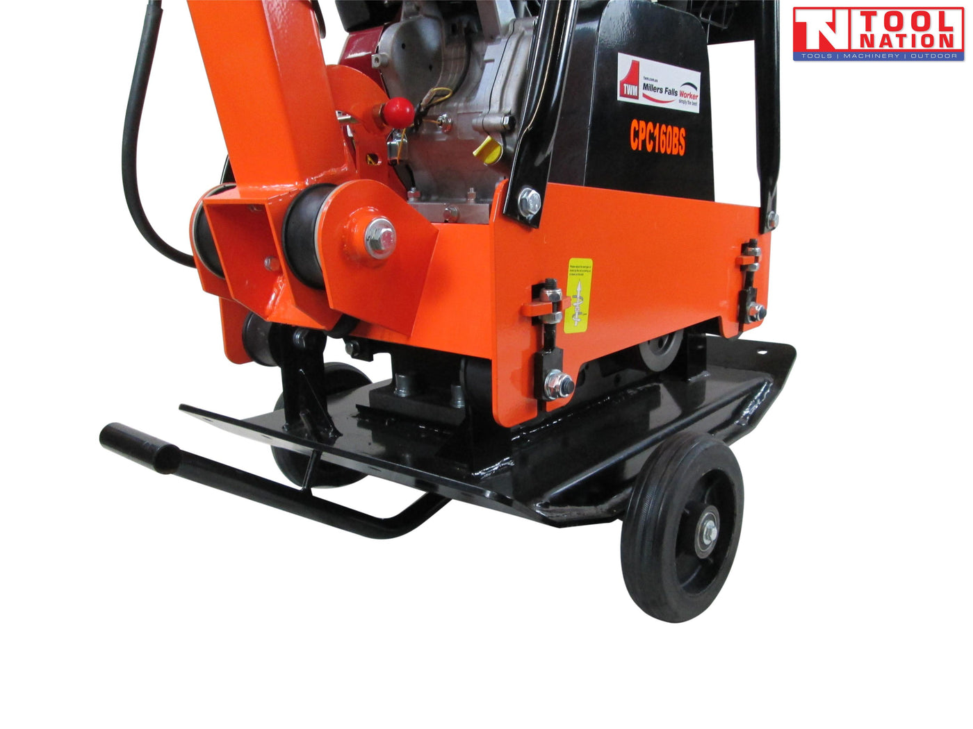 Close-up rear view of an orange plate compactor showing the wheel kit, black base plate, handle hinge, frame, and labels.
