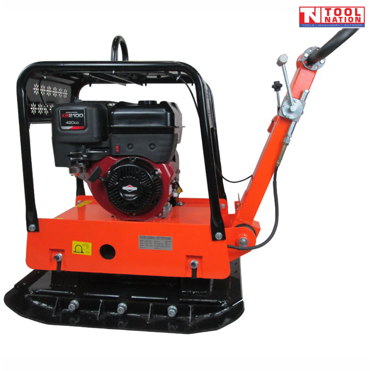 Orange plate compactor with black base plate, petrol engine, protective frame, handle, control levers, warning labels, and logo in the top corner.