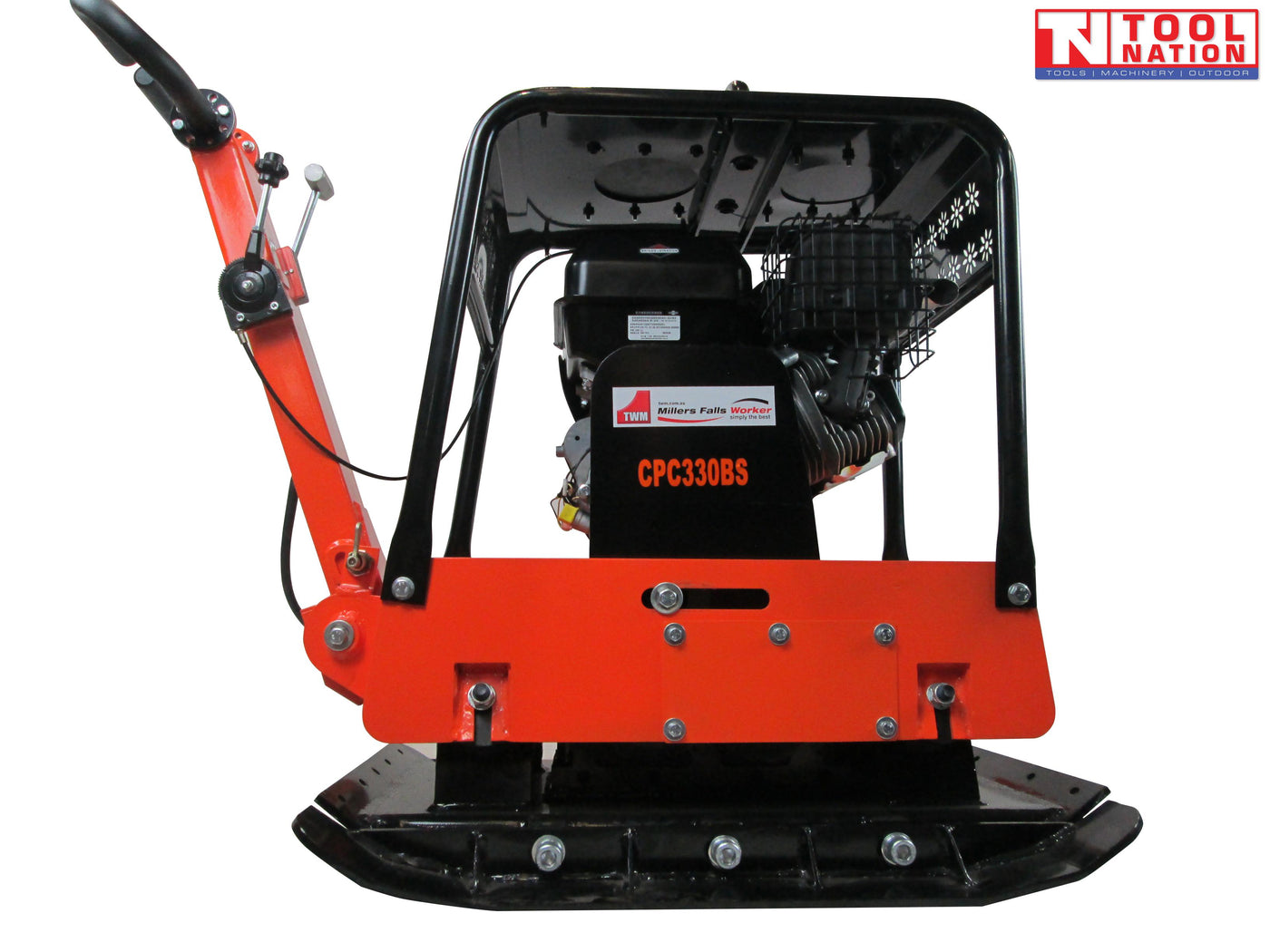 Rear view of an orange plate compactor with black base plate, petrol engine, protective frame, handle, control levers, visible model text, and logo in the top corner.