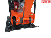 Side view of an orange plate compactor with black base plate, petrol engine, protective frame, handle, control levers, visible model text, and logo in the top corner.