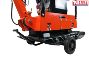 Close-up rear view of an orange plate compactor with black base plate, wheel kit, handle hinge, bolts, control lever, and logo in the top corner.