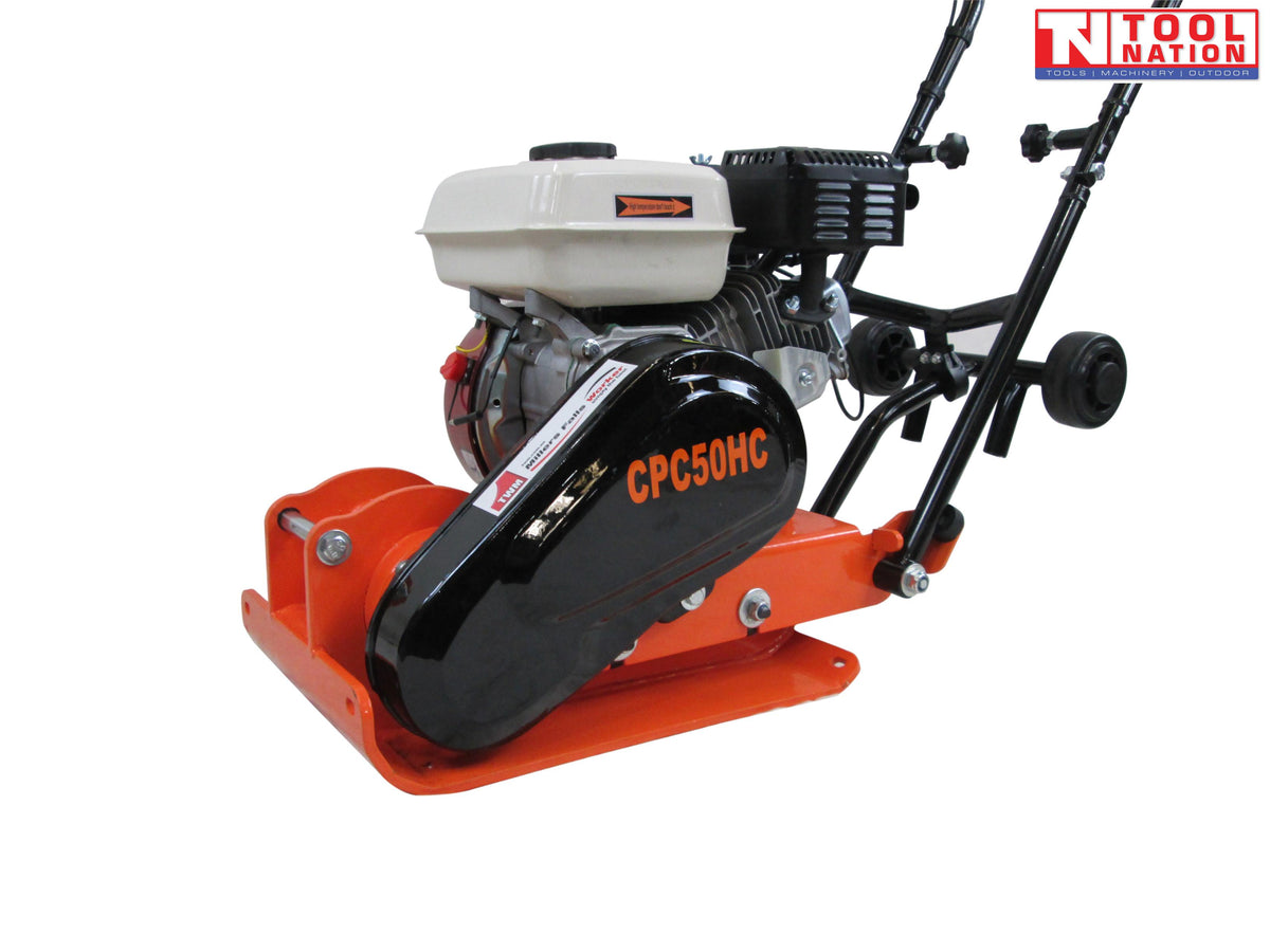 Rear angled view of an orange plate compactor with petrol engine, black belt cover, black handle, wheels, and logo in the top corner.