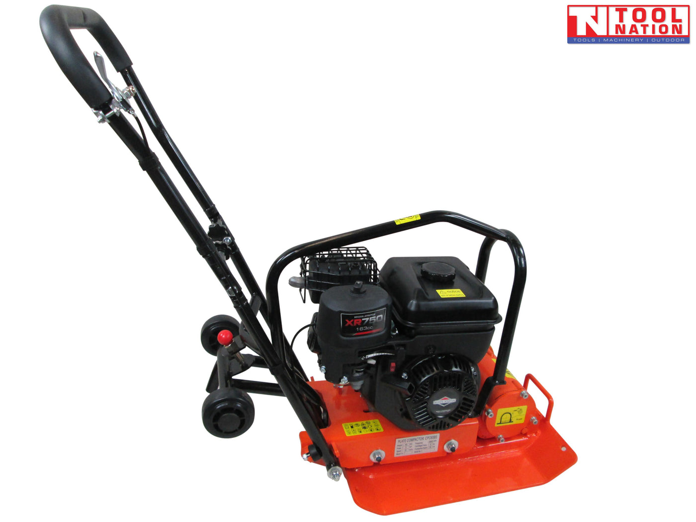 Side view of an orange plate compactor with petrol engine, black handle, wheels, protective frame, warning labels, and logo in the top corner.