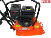 Close-up of an orange plate compactor showing the petrol engine, base plate, protective frame, bolts, labels, and logo in the top corner.