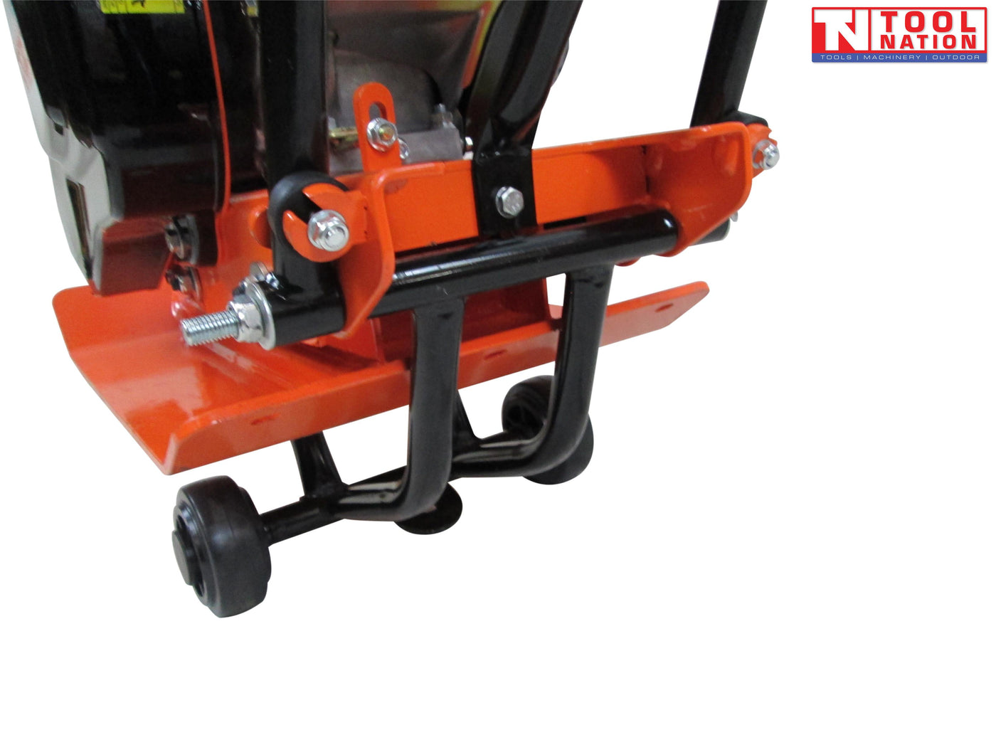 Close-up rear view of an orange plate compactor showing the wheel kit, handle bracket, bolts, base plate, and logo in the top corner.
