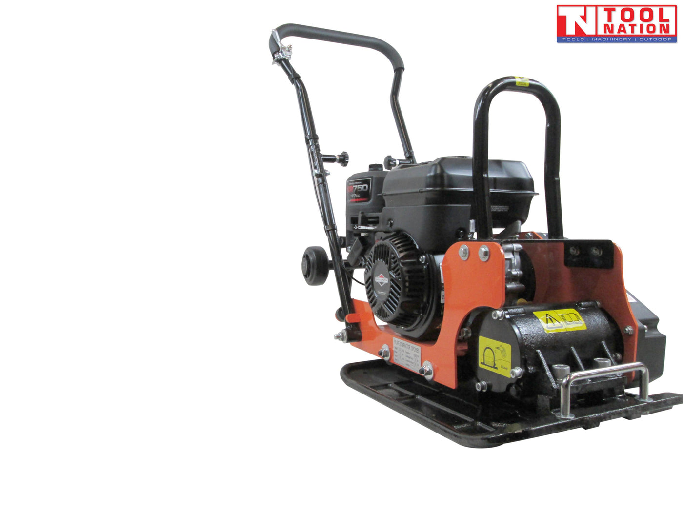 Rear angled view of an orange plate compactor with petrol engine, black handle, wheels, protective frame, base plate, and logo in the top corner.