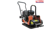 Rear angled view of an orange plate compactor with petrol engine, black handle, wheels, protective frame, base plate, and logo in the top corner.