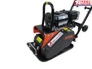 Angled view of an orange plate compactor showing the petrol engine, black belt cover, base plate, handle frame, warning labels, and logo in the top corner.