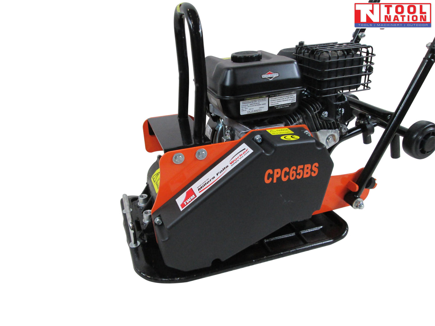 Angled view of an orange plate compactor showing the petrol engine, black belt cover, base plate, handle frame, visible model text, and logo in the top corner.