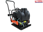 Orange plate compactor with black base plate, petrol engine, black water tank, handle, wheels, warning labels, and logo in the top corner.