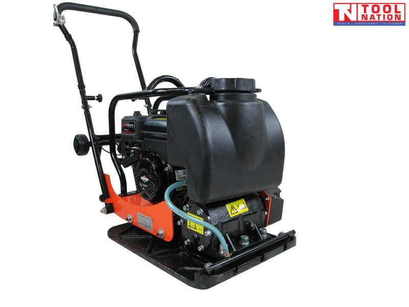 Orange plate compactor with black base plate, petrol engine, black water tank, handle, wheels, warning labels, and logo in the top corner.