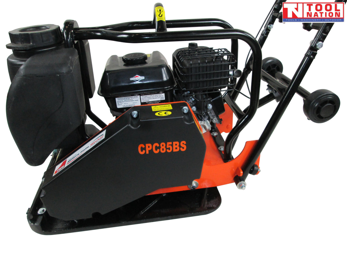 Side view of an orange plate compactor with petrol engine, black water tank, black belt cover, handle, wheels, visible model text, and logo in the top corner.