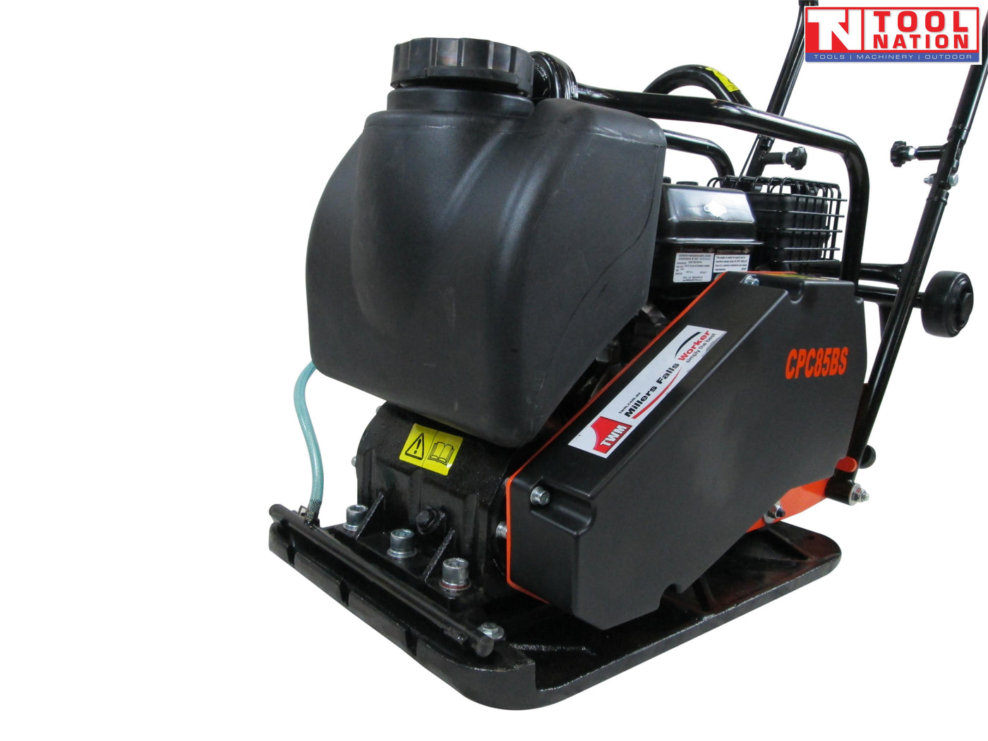 Rear angled view of an orange plate compactor with black water tank, petrol engine, black belt cover, handle, wheels, warning label, and logo in the top corner.