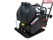 Rear angled view of an orange plate compactor with black water tank, petrol engine, black belt cover, handle, wheels, warning label, and logo in the top corner.